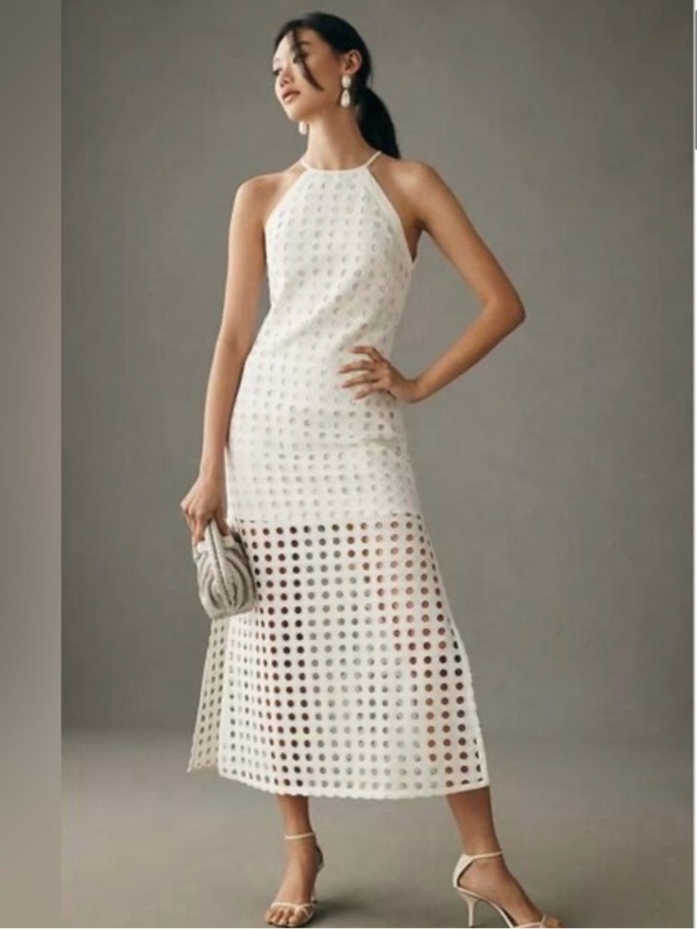 White Halter Midi Dress with Eyelet Skirt